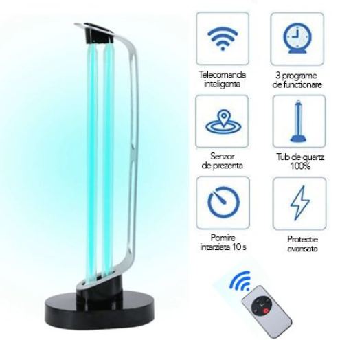 Lampa UV-C germicida fara ozon, telecomada, timer si senzor de prezenta, 38W