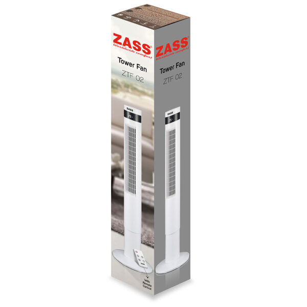 Ventilator turn Zass ZTF 02, 50W, 3 trepte de viteza, temporizator digital, display LED, temperatura ambient, telecomanda, Alb