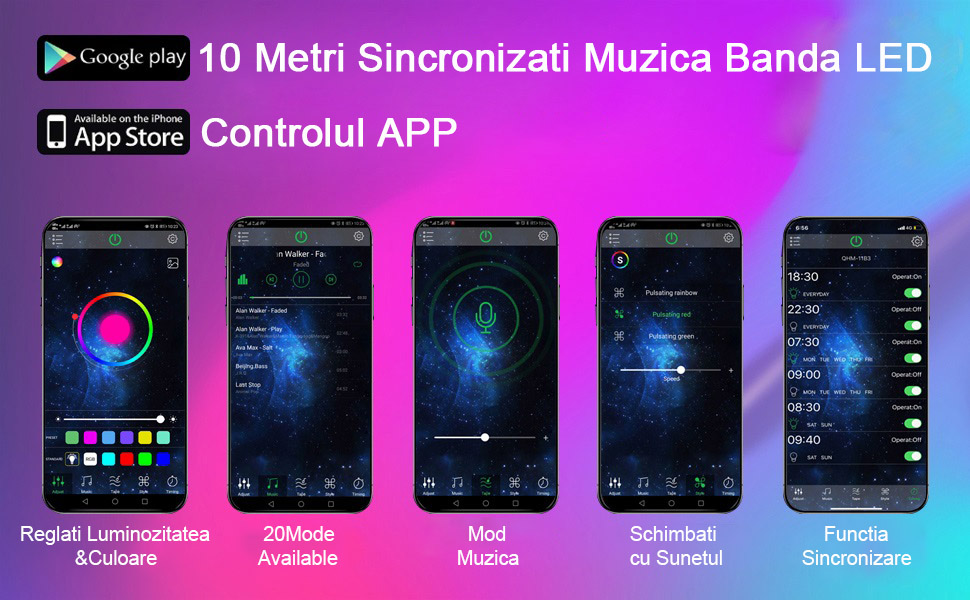 Banda LED Color RGB, 10 m, Bluetooth Control App, telecomanda 44 taste, sincronizare muzicala, 16 milioane de culori, SMD 5050