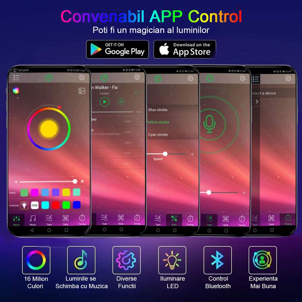 Banda LED Color RGB, 10 m, Bluetooth Control App, telecomanda 44 taste, sincronizare muzicala, 16 milioane de culori, SMD 5050