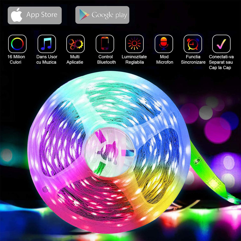 Banda LED Color RGB, 10 m, Bluetooth Control App, telecomanda 44 taste, sincronizare muzicala, 16 milioane de culori, SMD 5050