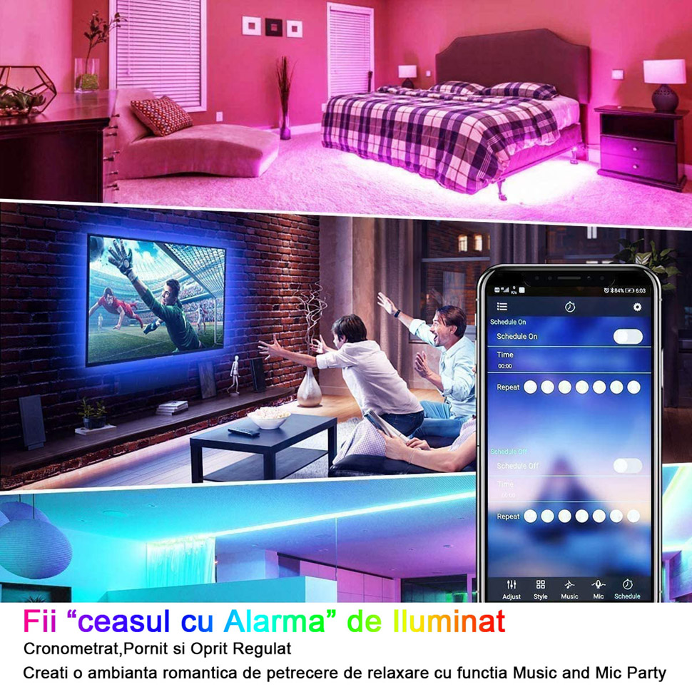 Banda LED Color RGB, 10 m, Bluetooth Control App, telecomanda 44 taste, sincronizare muzicala, 16 milioane de culori, SMD 5050