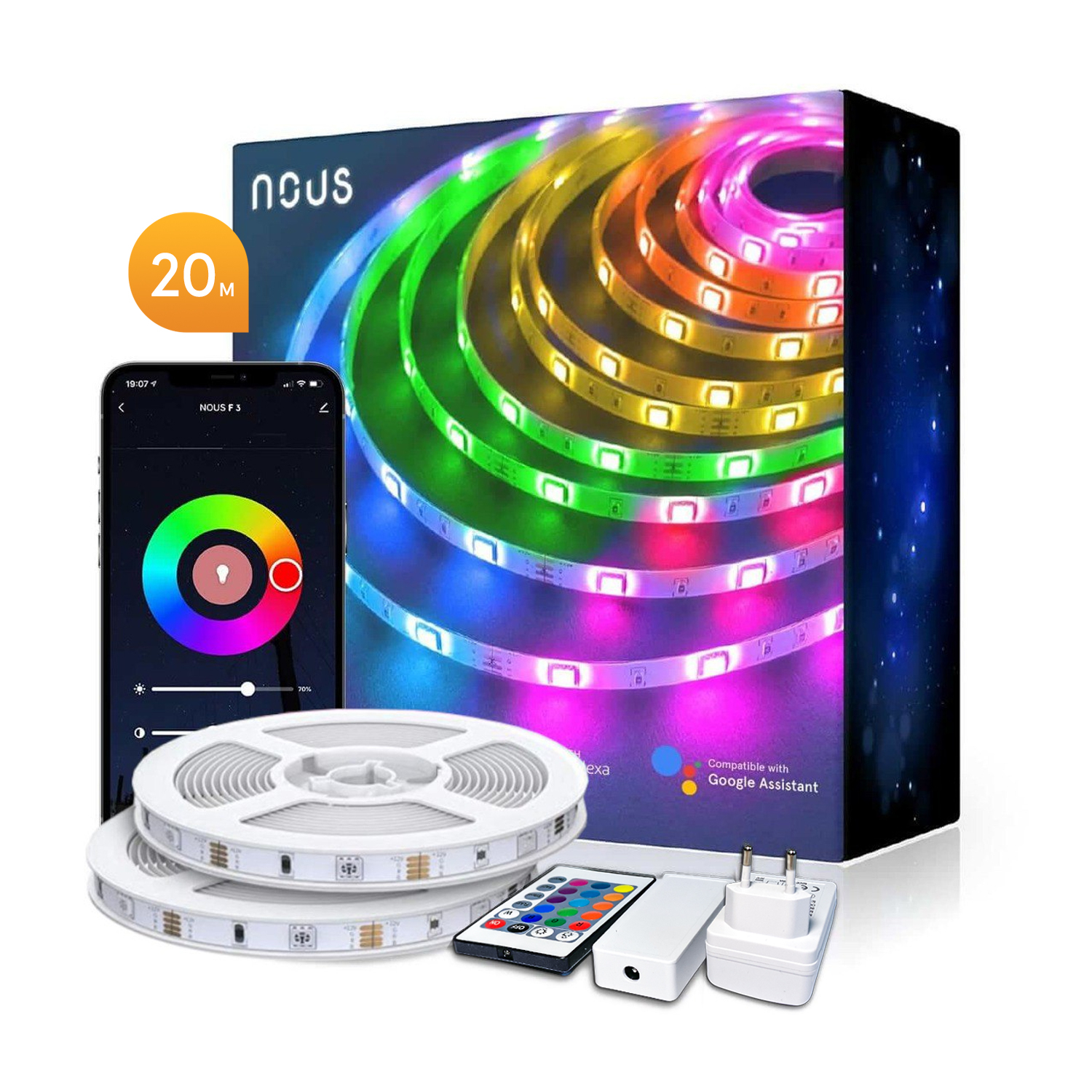 Banda LED Smart Nous F3 WiFi, 20 metri, Telecomanda + APP, Control vocal, Sincronizare muzica, Tuya