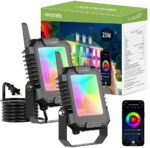 Set 2 proiectoare Smart LED RGB Novostella, BT Mesh, Alexa, Google , 25W, Sincronizare muzica, Exterior IP66 waterproof, Tuya / Smart Life