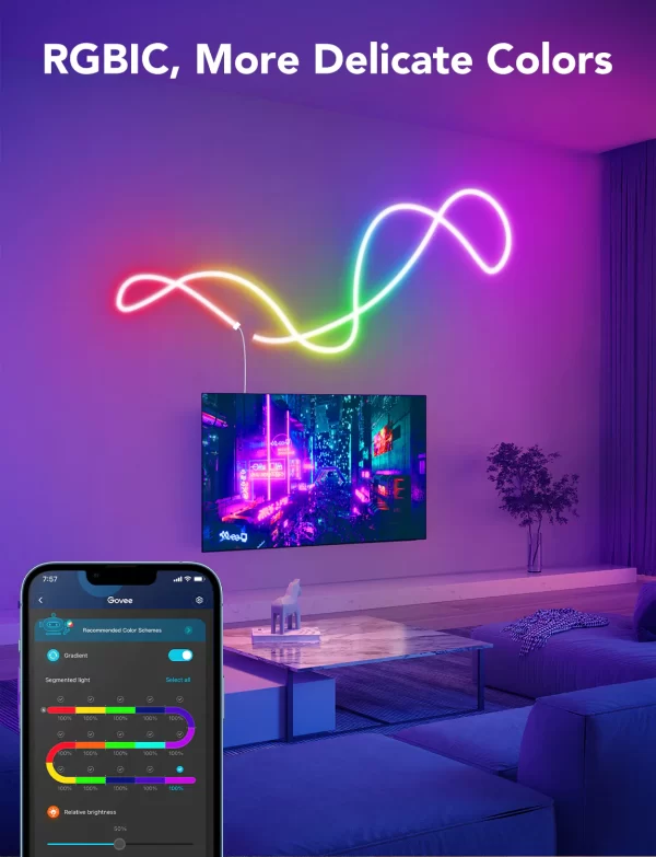 Banda LED Neon Govee H61A2 RGBIC, Inteligenta, Sincronizare Muzica, Wifi, 5m, Waterproof IP67, Alexa, Google Asistant