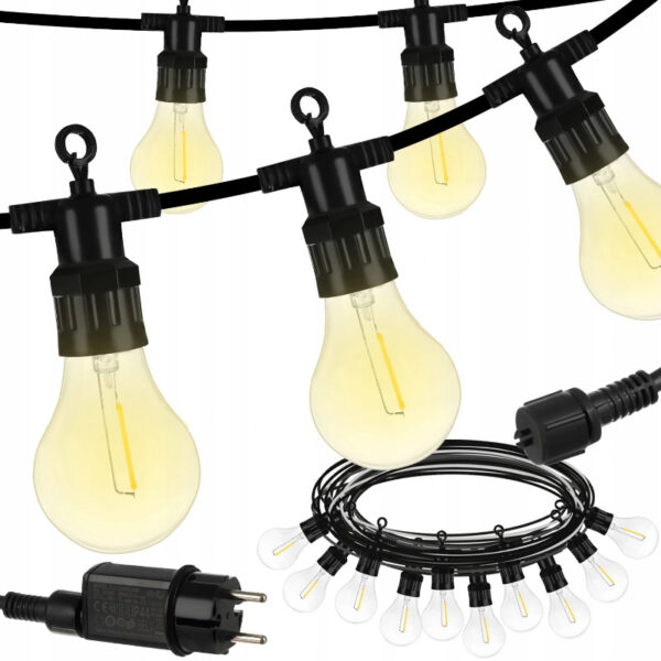 Ghirlanda luminoasa impermeabila pentru gradina 24V, cu 10 becuri economice E27, 6.6 m lungime, lumina monocroma calda