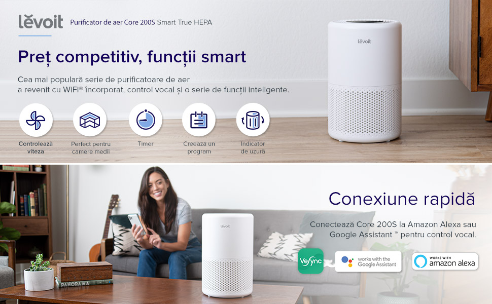 Purificator de Aer Smart Levoit Core 200S Wi Fi Filtru 3 in 1 True HEPA H13 Carbon Activ Super Silent Alexa Google Home Touch Screen 5