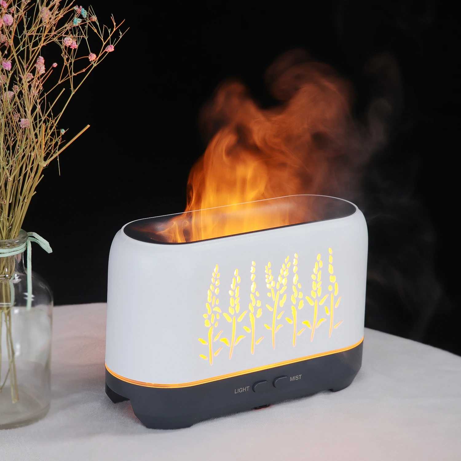 Difuzor aroma cu ultrasunete, efect de flacara si fum, umidificare, capacitate 200 ml, luminozitate reglabila