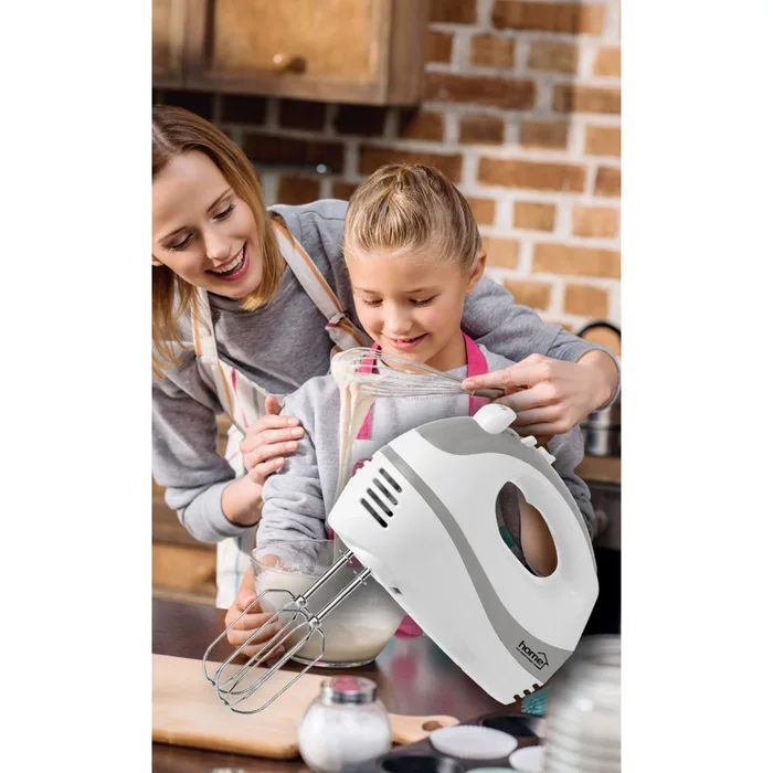 Mixer de mana Home 250W, 5 Trepte de Viteza, Teluri pentru Spuma si Framantat, functie Turbo, alb