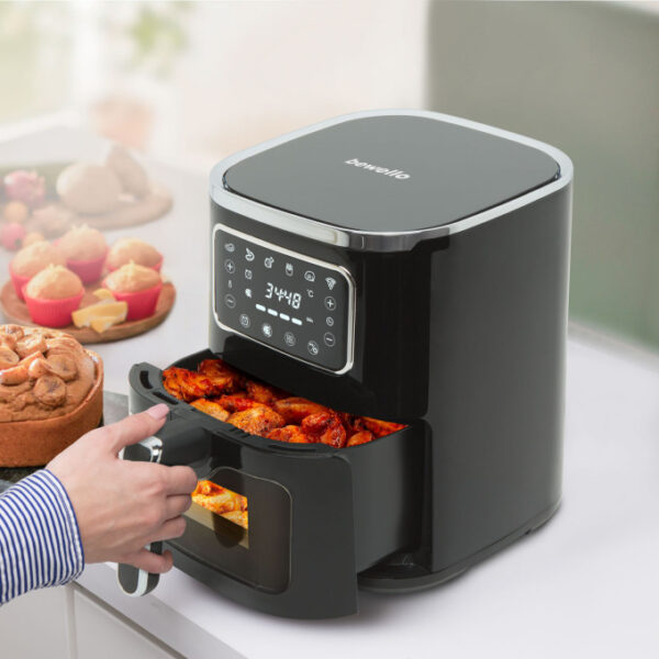 Friteuza cu aer cald, fara ulei Bevello Perfect Cook, 1450 W, 5 L, Control tactil, Fereastra vizualizare, 6 Programe, temperatura reglabila